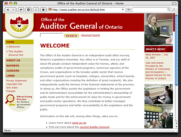 English home page from the Auditor General of Ontario website